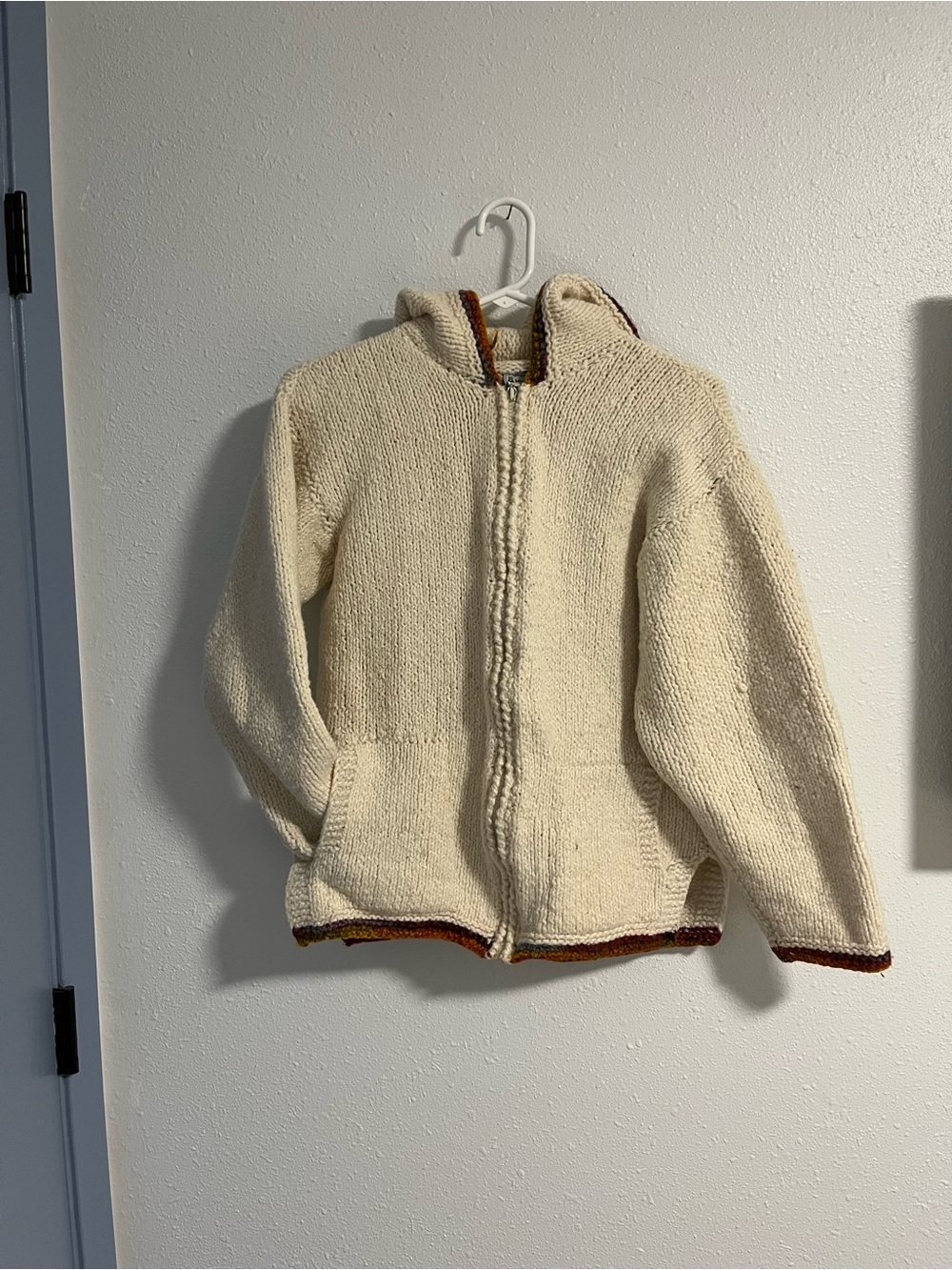 Cream Hooded Zip-Up Wool Cardigan with Contrast Trim Size Medium
